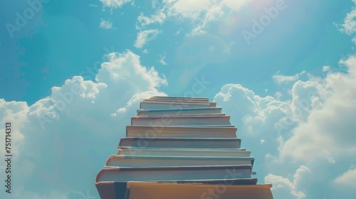 Portrait of stack of books with stairs leading to blue sky and clouds background. generative AI