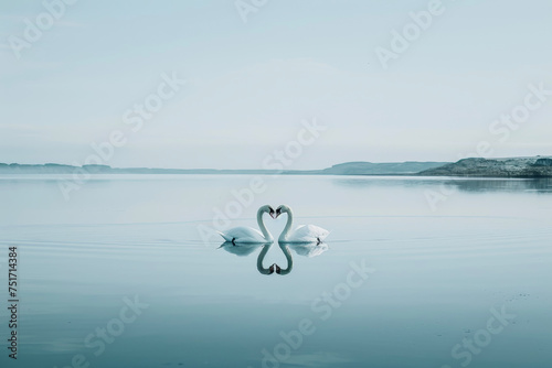 A pair of swans forming a heart with their necks on a calm lake