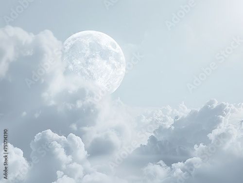 portrayal of the moon partially obscured by soft, puffy clouds