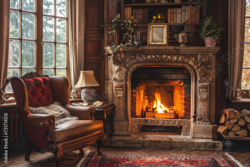 A parlor with a Victorian style and a fireplace
