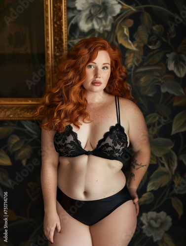 Beautiful sexy size-plus redhead curly-haired womanin black fashionable lingerie posing indoor