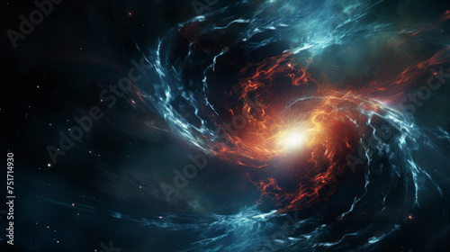 An artistic representation of a spiraling galaxy with dynamic interactions and vibrant colors photo