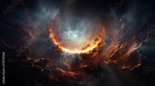 A striking depiction of a nebula with glowing edges and ethereal light radiating amidst cosmic clouds photo