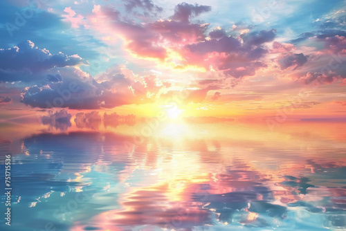 A photo of a beautiful sunset, showing a sky and a sea. It is glowing with colors and shades, and reflecting on the water and the clouds.