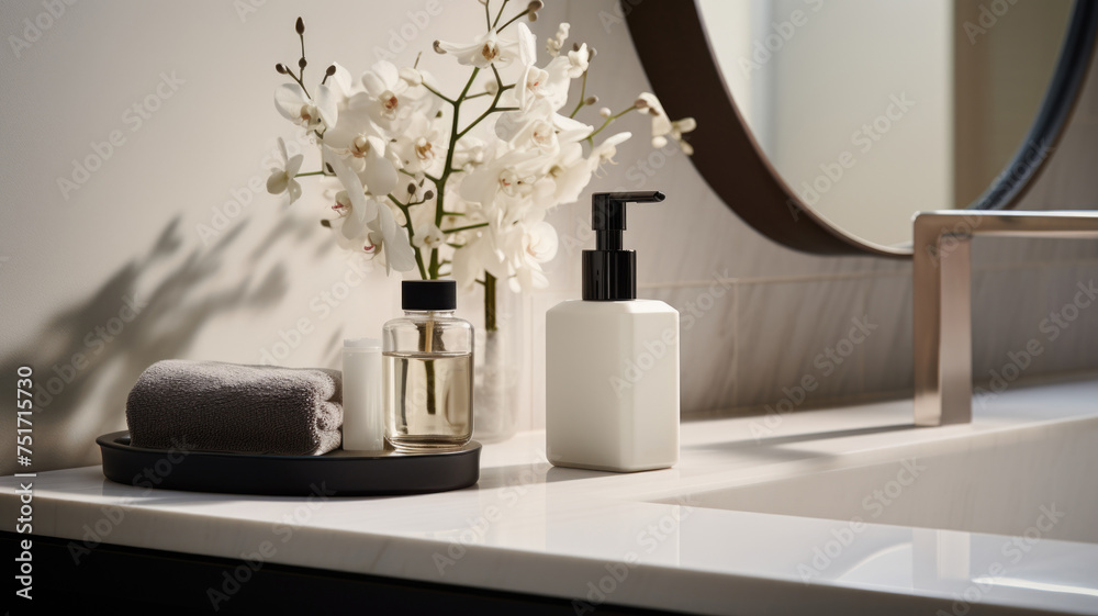 Modern Minimalist Bathroom Interior Design with washbasin, faucet, mirror Modern Minimalist Bathroom Interior Design with washbasin, faucet, mirror