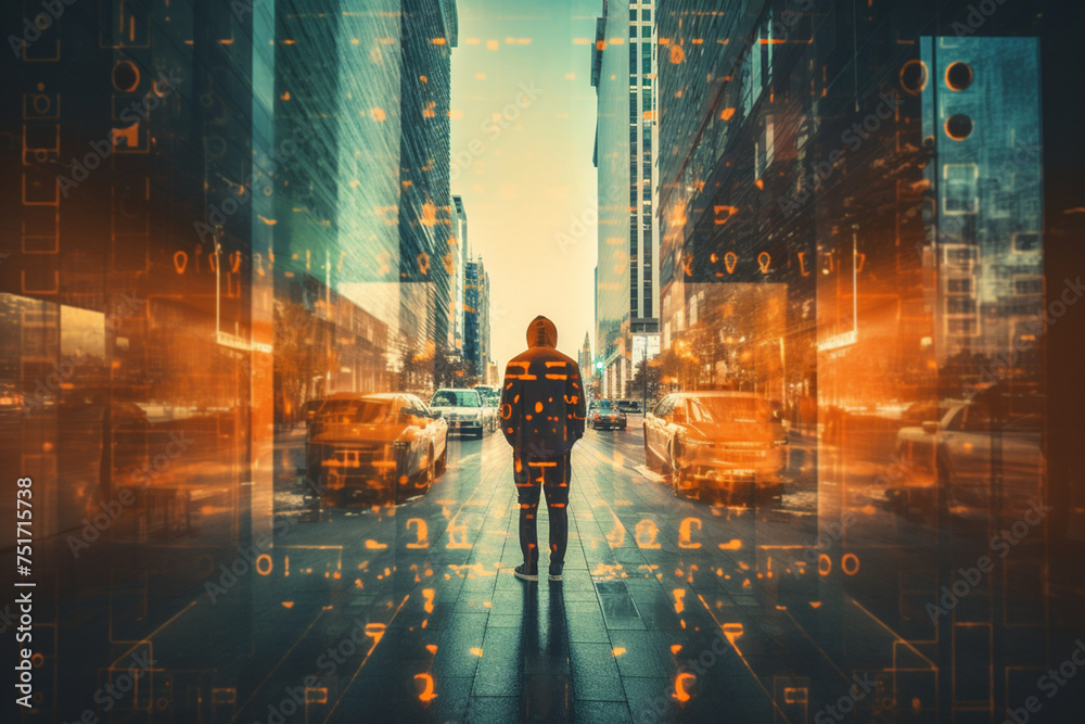 cybersecurity concept. Futuristic double exposure. Unknown man and city overlayed with data. High quality photo