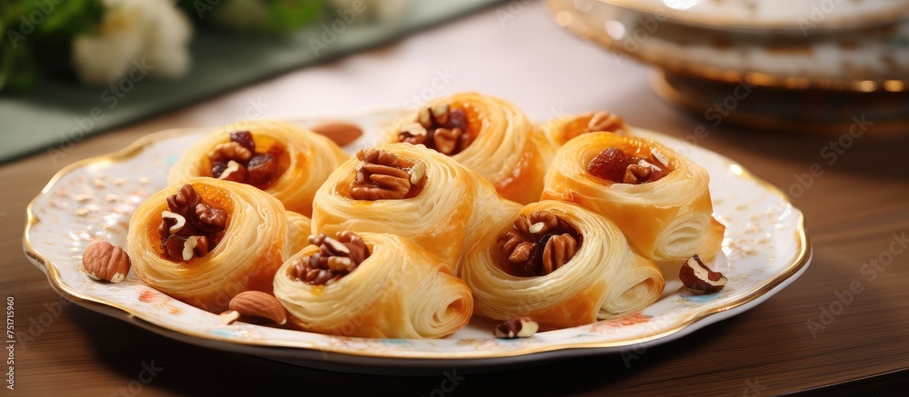 A white plate holds freshly baked puff pastry rolls filled with a delightful mixture of nuts and jam. The rolls are beautifully topped with a generous amount of assorted nuts, creating a visually A white plate holds freshly baked puff pastry rolls filled with a delightful mixture of nuts and jam. The rolls are beautifully topped with a generous amount of assorted nuts, creating a visually