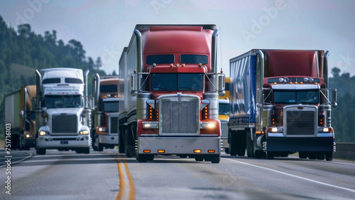 semi trucks lined up on freeway.