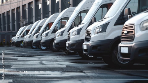 commercial work vans lined up in a very clean parking lot modern architecture