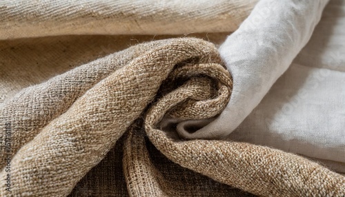 folded earth tones woven linen fabrics in close up detail in a full frame background wallpaper texture soft white browns and beige