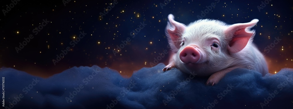 Pig against cosmic background with space, stars, nebulae, vibrant colors, flames; digital art in fantasy style, featuring astronomy elements, celestial themes, interstellar ambiance