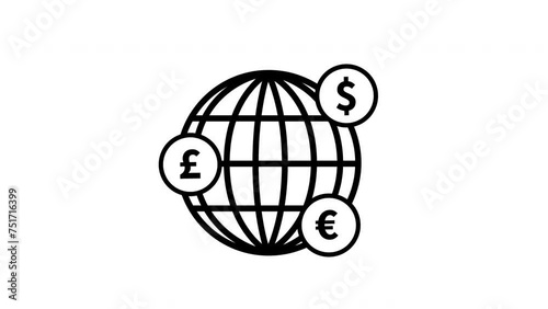 Animated rotating globe and types of currency on a white background