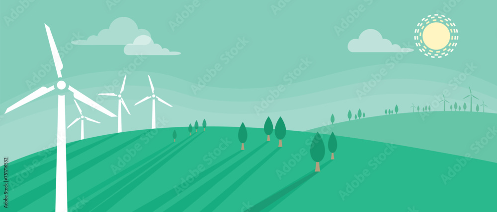 Animated flat wind turbines in natural green hills landscape Vector Silhouette Style Wind Turbine Towers Spinning and Generating Renewable  Energy. Windmills Energy Power industrial animation design.