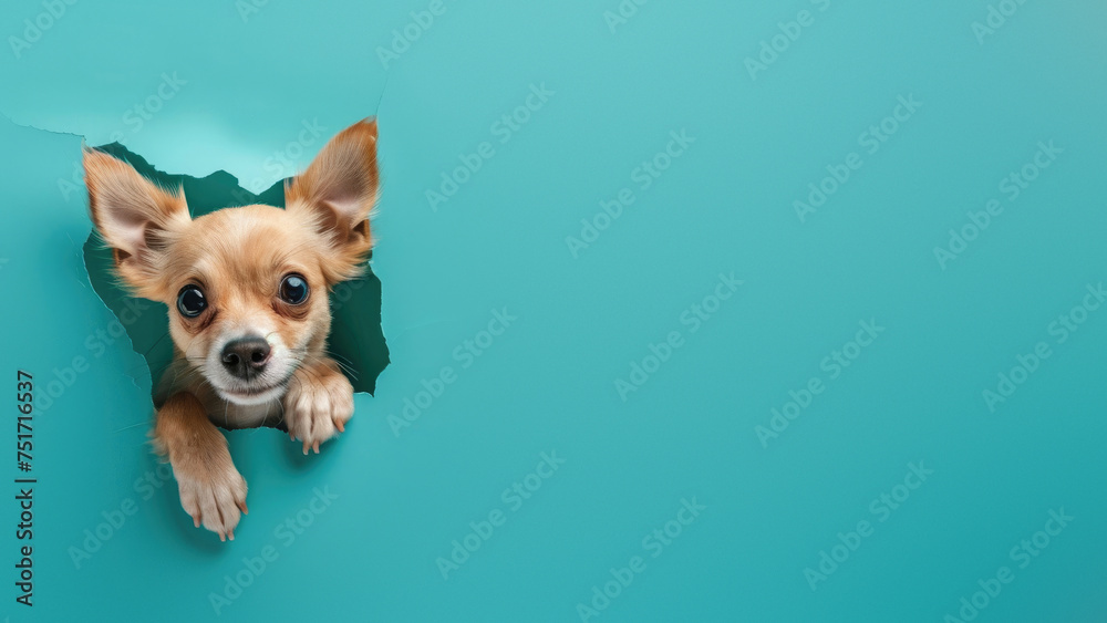 An adorable Chihuahua's face and paws emerge from a paper wall, showcasing its small stature and cute features against a blue background
