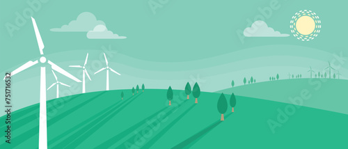 Animated flat wind turbines in natural green hills landscape Vector Silhouette Style Wind Turbine Towers Spinning and Generating Renewable  Energy. Windmills Energy Power industrial animation design.