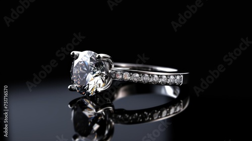 Wedding ring with diamonds on a black background  close-up. Perfect for jewelry store advertisements or engagement-related content with Copy Space.
