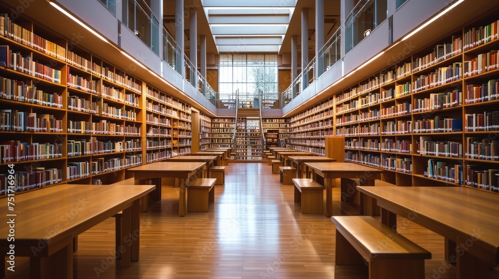 Modern library interior with rows of books, large windows, and tranquil study atmosphere. Resplendent.