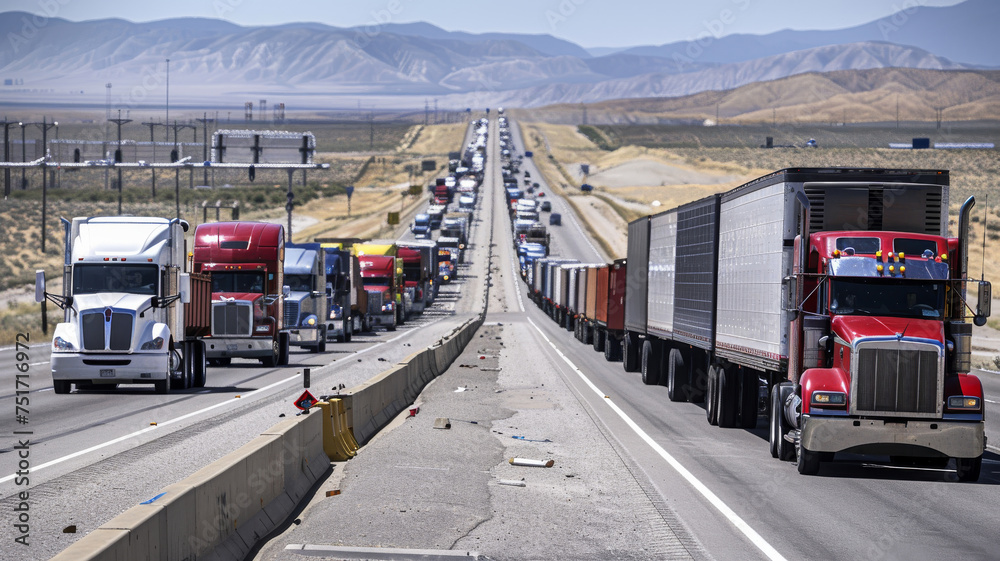 semi trucks lined up on freeway.