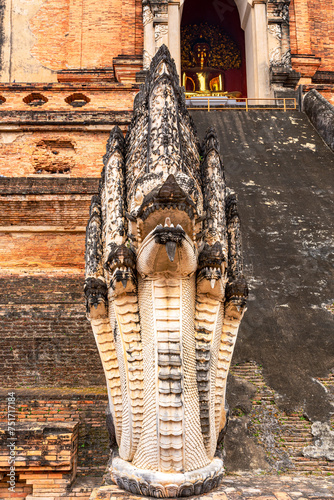 Crowned Nagas flank the stairs of Wat Chedi Luang a main attraction in the city of Chiang Mai. Construction of the Wat began in the 14th century but was only completed in the midd of the 15th century