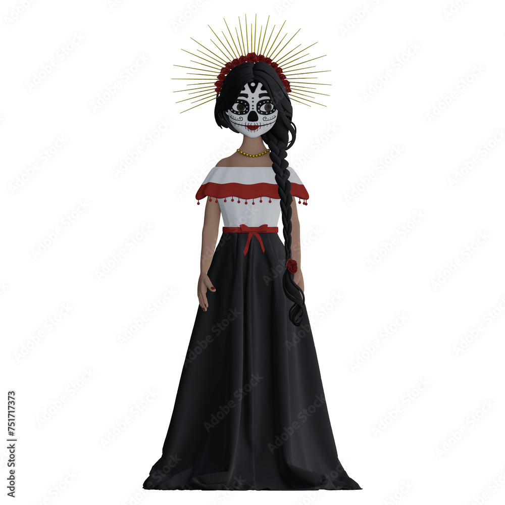 Mexican girl in halo crown and beautiful dress dia de muertos concept 3d rendered icon
