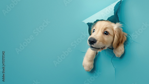 A playful dog surprises by breaking the blue paper, creating a delightful and engaging scene photo