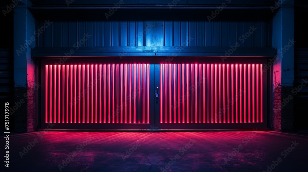 Garage doors illuminated by neon lights in darkness Garage doors illuminated by neon lights in darkness