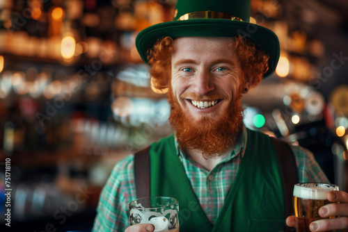 A friendly bartender with red hair, dressed in festive St. Patrick's Day attire