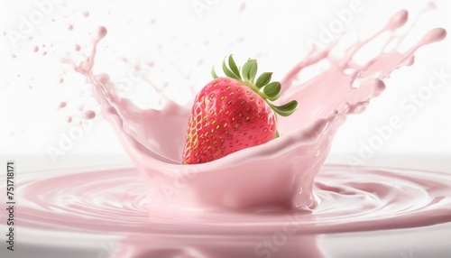 fresh strawberry flying in pink yogurt splash isolated on white