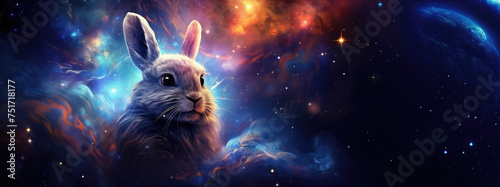 Rabbit with cosmic background with space, stars, nebulae, vibrant colors, flames  digital art in fantasy style, featuring astronomy elements, celestial themes, interstellar ambiance