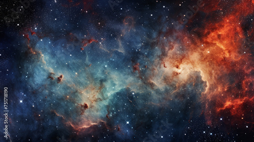 The image captures the awe-inspiring presence of a nebula  dominated by blue and red hues  along with sparkling stars