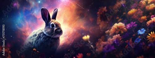 Rabbit with cosmic background with space, stars, nebulae, vibrant colors, flames; digital art in fantasy style, featuring astronomy elements, celestial themes, interstellar ambiance