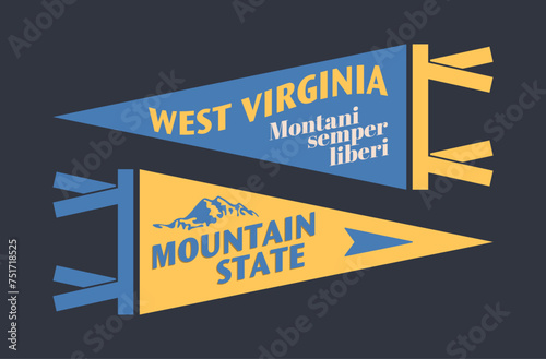 Set of West Virginia pennants. Vintage retro graphic flag, pennant, star, sign, symbols of USA. Mountain State. photo