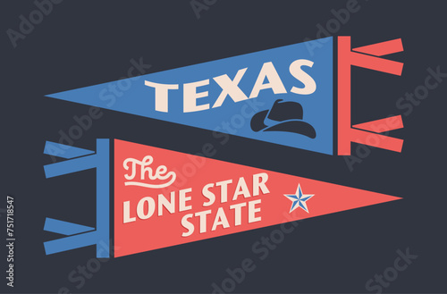 Set of Texas pennants. Vintage retro graphic flag, pennant, star, sign, symbols of USA. The Lone Star State.