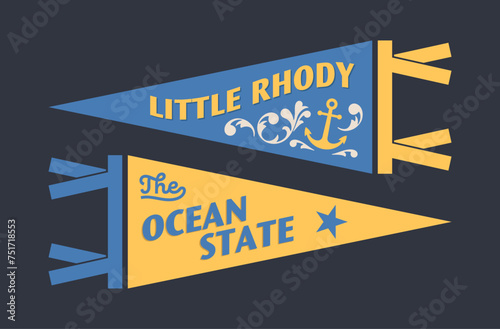 Set of Rhode Island pennants. Vintage retro graphic flag, pennant, star, sign, symbols of USA. The Ocean State. photo