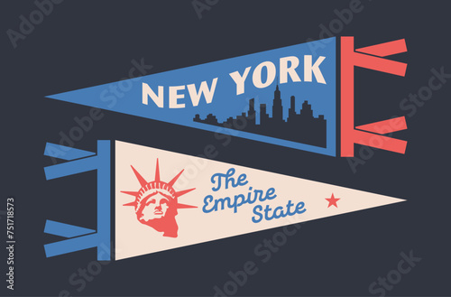 Set of New York pennants. Vintage retro graphic flag, pennant, star, sign, symbols of USA. The Empire State.