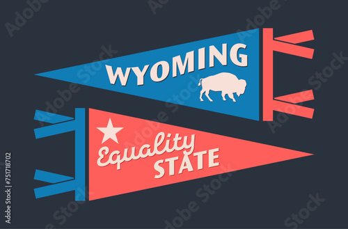 Set of Wyoming pennants. Vintage retro graphic flag  pennant  star  sign  symbols of USA. Equality State.