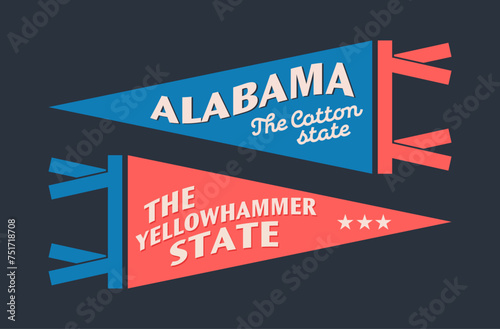 Set of Alabama pennants. Vintage retro graphic flag, pennant, star, sign, symbols of USA. The Yellowhammer State.