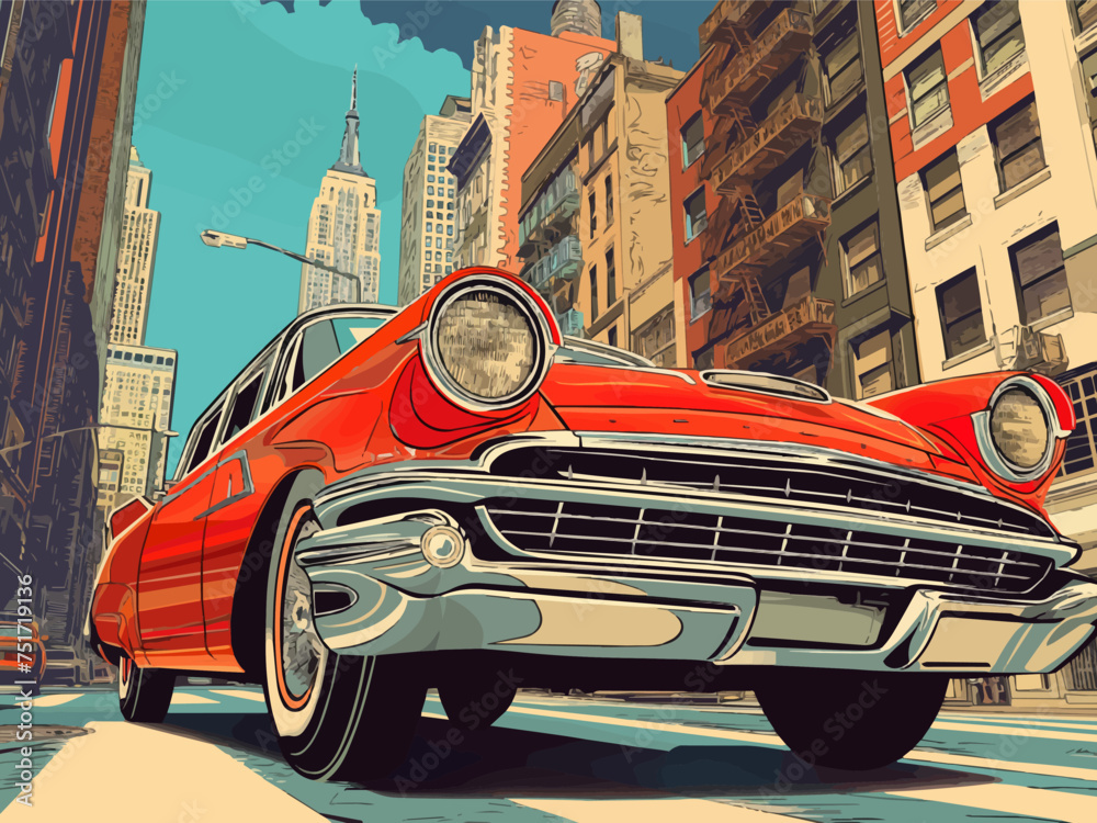 Retro car amidst city skyscrapers, pop art. Vintage texture. Vector generative.