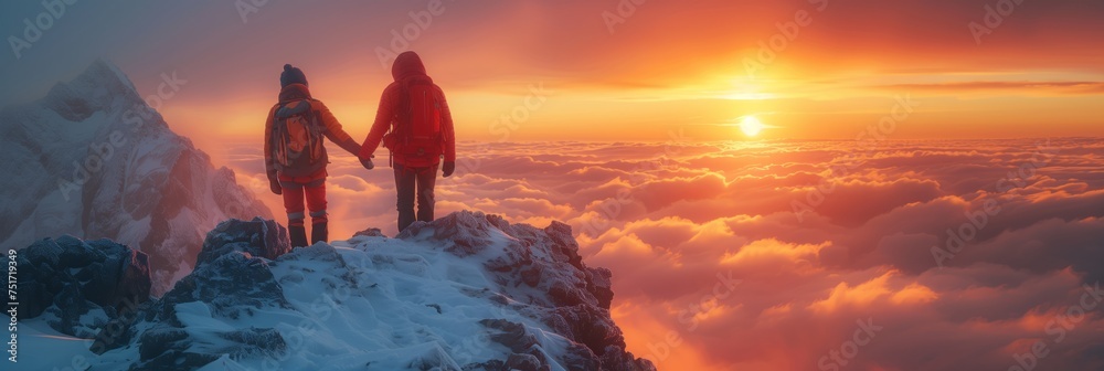 Two individuals stand atop a snowcovered mountain, hand in hand, admiring the picturesque landscape below. The sky is filled with fluffy clouds, creating a stunning natural backdrop