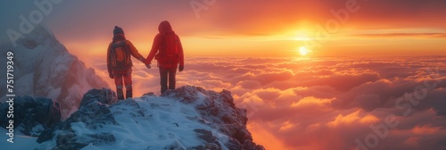 Two individuals stand atop a snowcovered mountain, hand in hand, admiring the picturesque landscape below. The sky is filled with fluffy clouds, creating a stunning natural backdrop