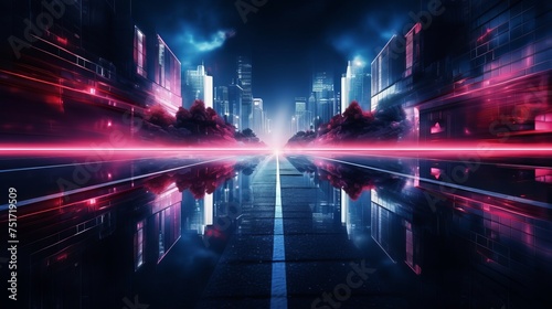 Dark Street with Neon Light Reflections on Wet Asphalt. Red Laser Light Beams. Abstract Night City Background.