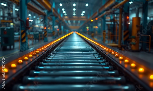 A train track in a metropolitan area factory  with electric blue lights on parallel metal rails. The symmetry of the technology creates a futuristic vibe