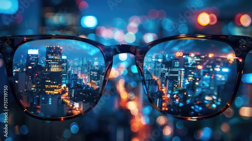 A mesmerizing night cityscape captured in the reflection of glasses. Experience the urban brilliance through a unique eyewear perspective
