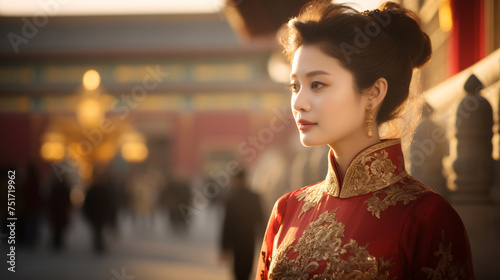 Stunning Beautiful Chinese lady Mandarin gown background lunar new year ceremony in the temple