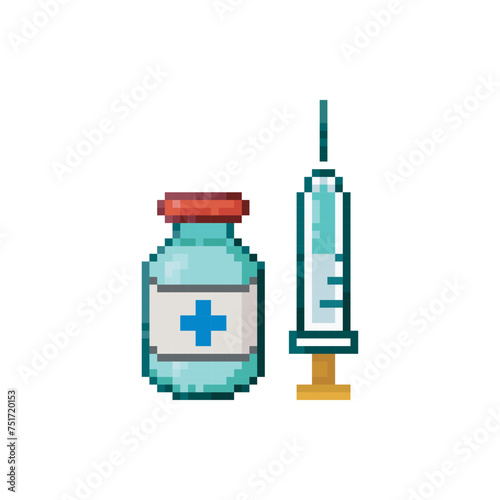 Syringe and bottle with liquid, pixel art object