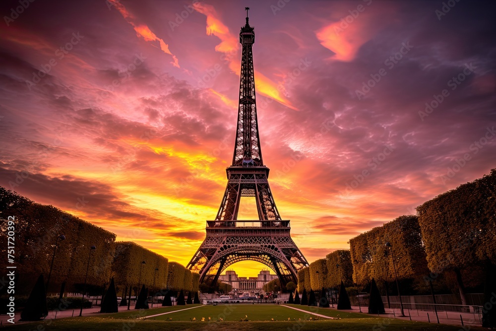 the sunset light illuminates paris france eiffel tower