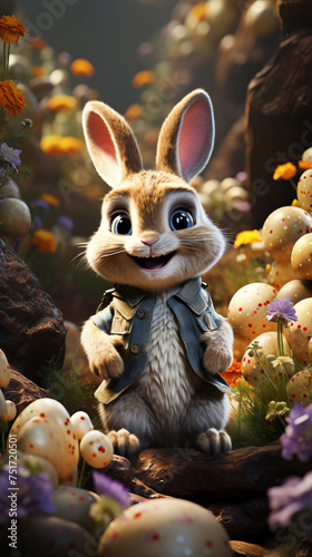 A cartoon illustration of a mischievous Easter Bunny hiding eggs.