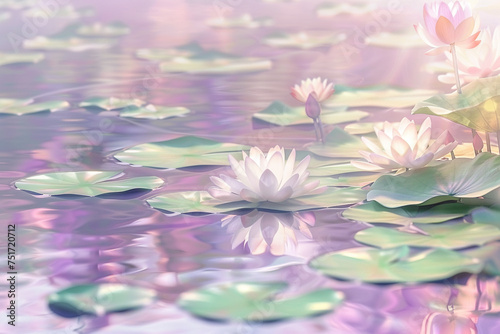 Compose a mottled background inspired by the peaceful, reflective surface of a lotus pond at sunrise, with soft pinks, purples, and greens blending to create a scene of tranquility and rebirth