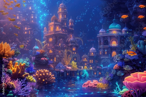 An underwater city with bioluminescent coral  schools of colorful fish  and ancient ruins  all illuminated by the eerie glow of an underwater volcano. Resplendent.