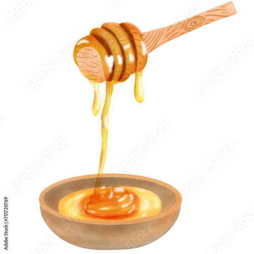 honey dripping from a wooden spoon on a clay plate
